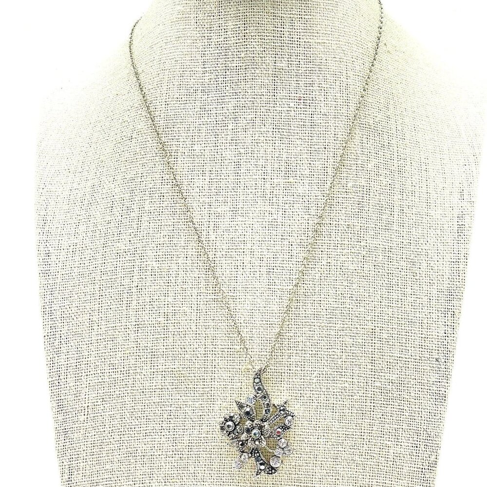 Floral Spray Rhinestone Charm Necklace Silver Tone Bling Sparkle Holiday Party